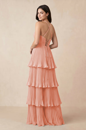 Tiered Pleated V - Neck A - Line Chiffon Bridesmaid Dress in Rose Petal - KissProm Bridesmaid Dresses