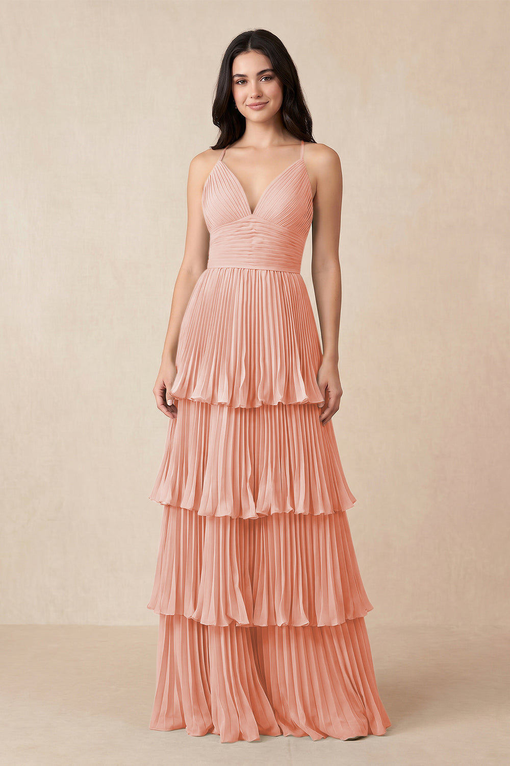 Tiered Pleated V - Neck A - Line Chiffon Bridesmaid Dress in Rose Petal - KissProm Bridesmaid Dresses
