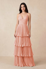 Tiered Pleated V - Neck A - Line Chiffon Bridesmaid Dress in Rose Petal - KissProm Bridesmaid Dresses