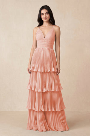 Tiered Pleated V - Neck A - Line Chiffon Bridesmaid Dress in Rose Petal - KissProm Bridesmaid Dresses