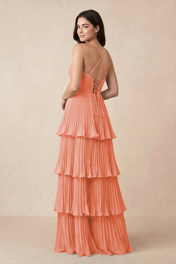Tiered Pleated V - Neck A - Line Chiffon Bridesmaid Dress in Rosette - KissProm Bridesmaid Dresses