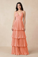 Tiered Pleated V - Neck A - Line Chiffon Bridesmaid Dress in Rosette - KissProm Bridesmaid Dresses