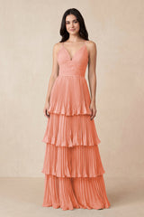 Tiered Pleated V - Neck A - Line Chiffon Bridesmaid Dress in Rosette - KissProm Bridesmaid Dresses