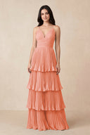 Tiered Pleated V - Neck A - Line Chiffon Bridesmaid Dress in Rosette - KissProm Bridesmaid Dresses