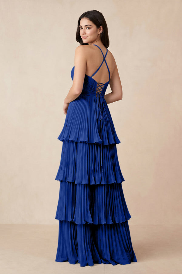 Tiered Pleated V - Neck A - Line Chiffon Bridesmaid Dress in Royal Blue - KissProm Bridesmaid Dresses