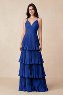 Tiered Pleated V - Neck A - Line Chiffon Bridesmaid Dress in Royal Blue - KissProm Bridesmaid Dresses