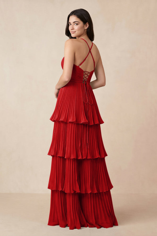 Tiered Pleated V - Neck A - Line Chiffon Bridesmaid Dress in Ruby Red - KissProm Bridesmaid Dresses