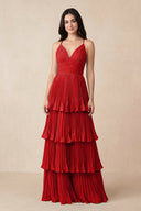 Tiered Pleated V - Neck A - Line Chiffon Bridesmaid Dress in Ruby Red - KissProm Bridesmaid Dresses