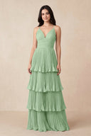 Tiered Pleated V - Neck A - Line Chiffon Bridesmaid Dress in Sage - KissProm Bridesmaid Dresses