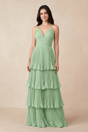 Tiered Pleated V - Neck A - Line Chiffon Bridesmaid Dress in Sage - KissProm Bridesmaid Dresses