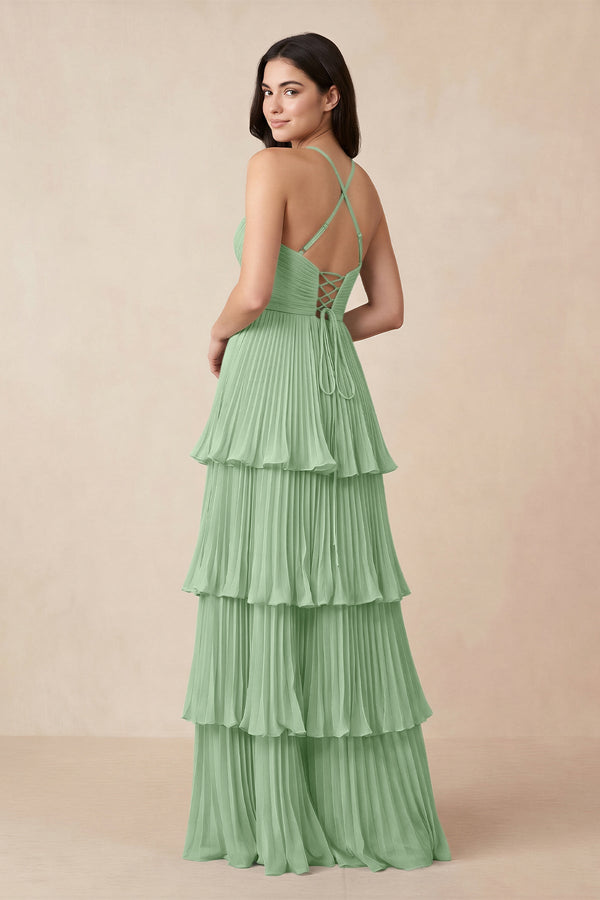 Tiered Pleated V - Neck A - Line Chiffon Bridesmaid Dress in Sage - KissProm Bridesmaid Dresses