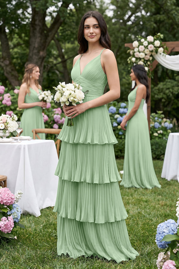 Tiered Pleated V - Neck A - Line Chiffon Bridesmaid Dress in Sage - KissProm Bridesmaid Dresses