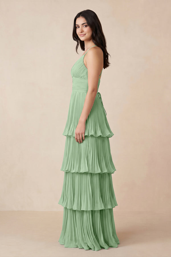 Tiered Pleated V - Neck A - Line Chiffon Bridesmaid Dress in Sage - KissProm Bridesmaid Dresses