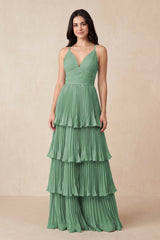 Tiered Pleated V - Neck A - Line Chiffon Bridesmaid Dress in Sea Glass - KissProm Bridesmaid Dresses