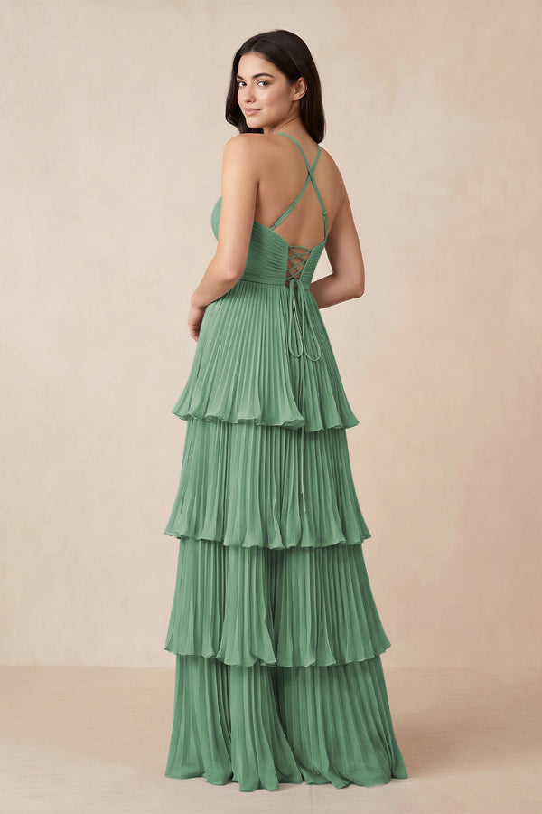 Tiered Pleated V - Neck A - Line Chiffon Bridesmaid Dress in Sea Glass - KissProm Bridesmaid Dresses