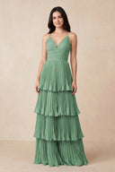 Tiered Pleated V - Neck A - Line Chiffon Bridesmaid Dress in Sea Glass - KissProm Bridesmaid Dresses