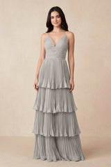 Tiered Pleated V - Neck A - Line Chiffon Bridesmaid Dress in Silver - KissProm Bridesmaid Dresses