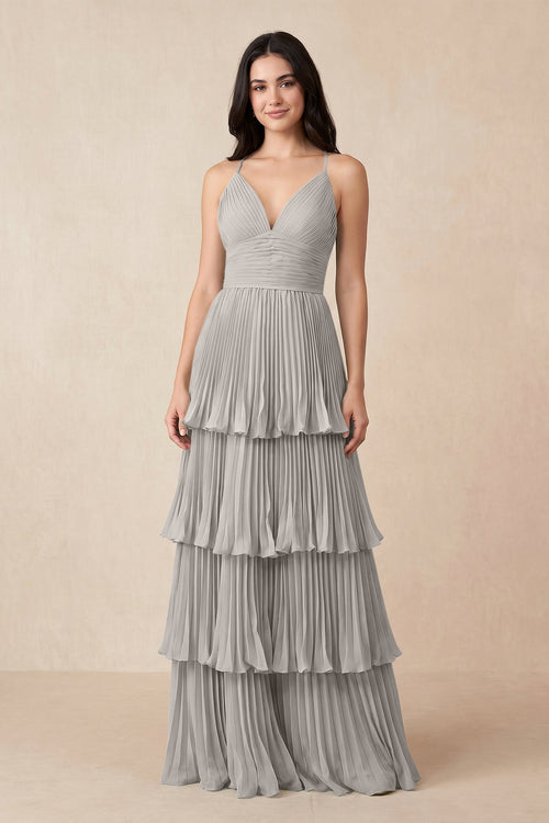Tiered Pleated V - Neck A - Line Chiffon Bridesmaid Dress in Silver - KissProm Bridesmaid Dresses