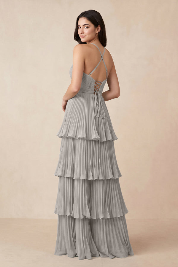Tiered Pleated V - Neck A - Line Chiffon Bridesmaid Dress in Silver - KissProm Bridesmaid Dresses