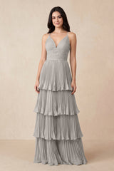 Tiered Pleated V - Neck A - Line Chiffon Bridesmaid Dress in Silver - KissProm Bridesmaid Dresses