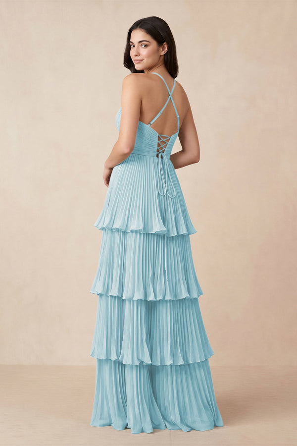 Tiered Pleated V - Neck A - Line Chiffon Bridesmaid Dress in Sky Blue - KissProm Bridesmaid Dresses