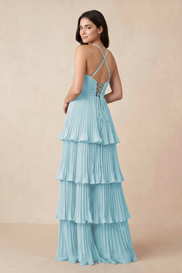 Tiered Pleated V - Neck A - Line Chiffon Bridesmaid Dress in Sky Blue - KissProm Bridesmaid Dresses