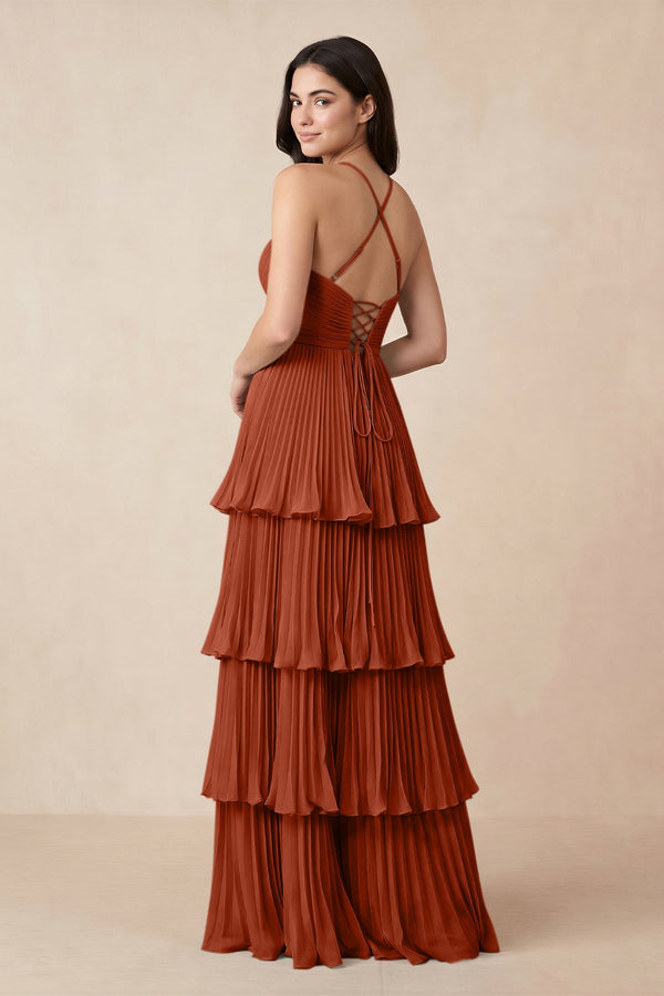 Tiered Pleated V - Neck A - Line Chiffon Bridesmaid Dress in Spice - KissProm Bridesmaid Dresses