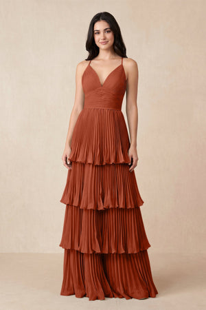 Tiered Pleated V - Neck A - Line Chiffon Bridesmaid Dress in Spice - KissProm Bridesmaid Dresses