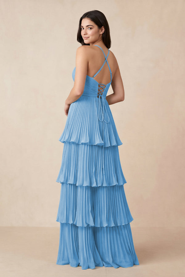 Tiered Pleated V - Neck A - Line Chiffon Bridesmaid Dress in Steel Blue - KissProm Bridesmaid Dresses