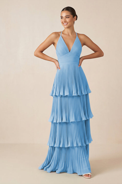 KissProm | V-Neck Bridesmaid dress with Tiered Pleats in Steel Blue KissProm | V-Neck Bridesmaid dress with Tiered Pleats in Steel Blue