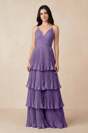 Tiered Pleated V - Neck A - Line Chiffon Bridesmaid Dress in Tahiti - KissProm Bridesmaid Dresses