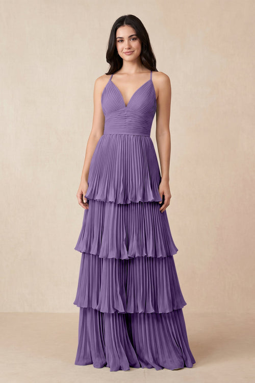 Tiered Pleated V - Neck A - Line Chiffon Bridesmaid Dress in Tahiti - KissProm Bridesmaid Dresses