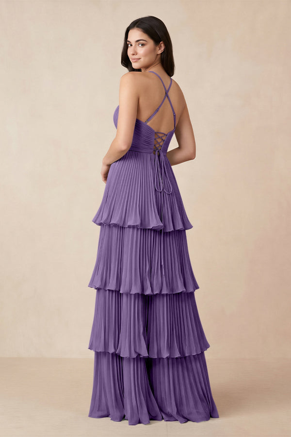 Tiered Pleated V - Neck A - Line Chiffon Bridesmaid Dress in Tahiti - KissProm Bridesmaid Dresses
