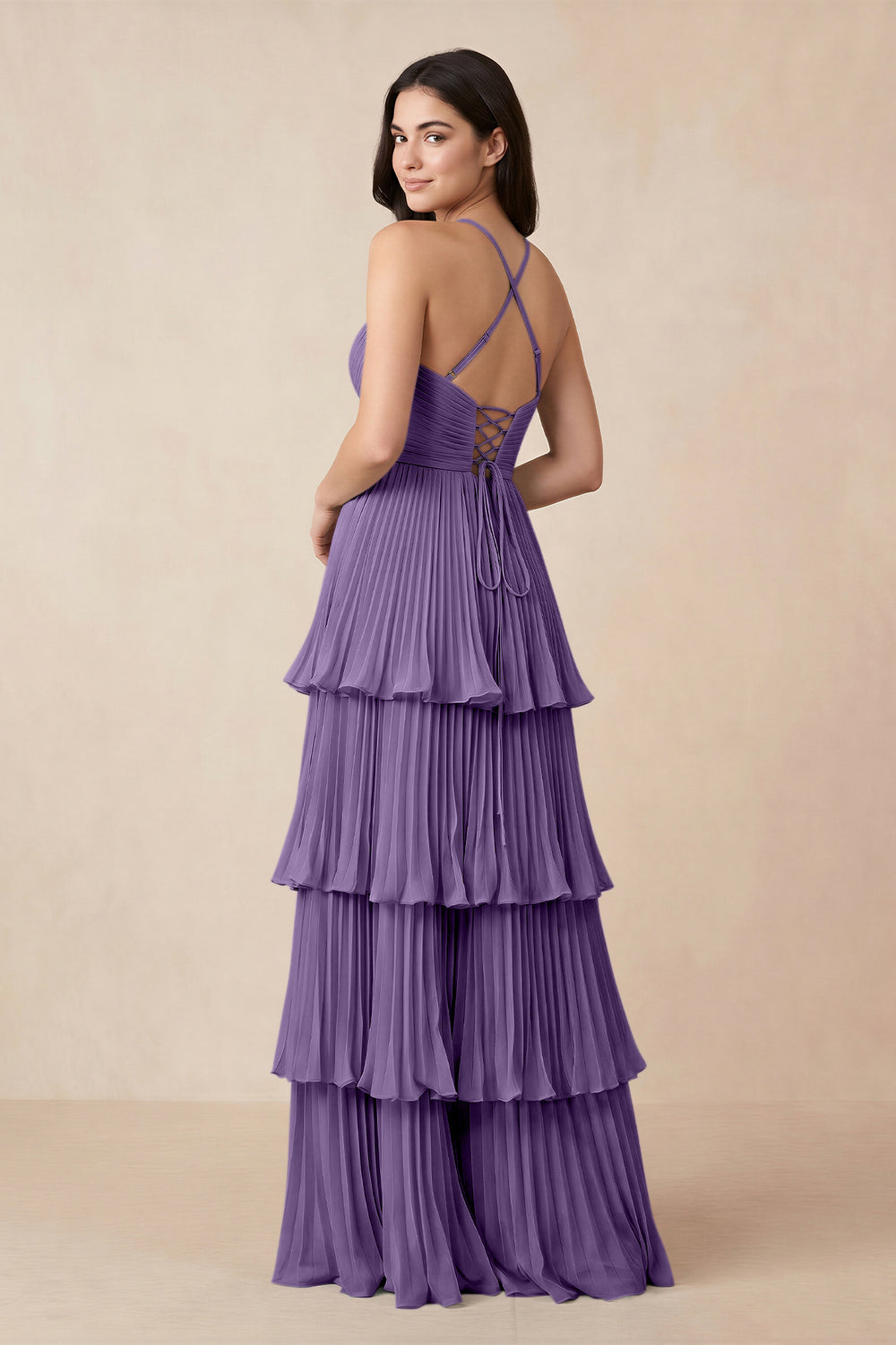 Tiered Pleated V - Neck A - Line Chiffon Bridesmaid Dress in Tahiti - KissProm Bridesmaid Dresses