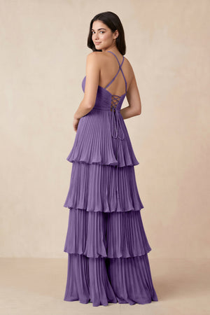 Tiered Pleated V - Neck A - Line Chiffon Bridesmaid Dress in Tahiti - KissProm Bridesmaid Dresses
