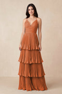 Tiered Pleated V - Neck A - Line Chiffon Bridesmaid Dress in Terracotta - KissProm Bridesmaid Dresses