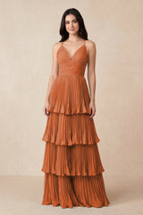 Tiered Pleated V - Neck A - Line Chiffon Bridesmaid Dress in Terracotta - KissProm Bridesmaid Dresses