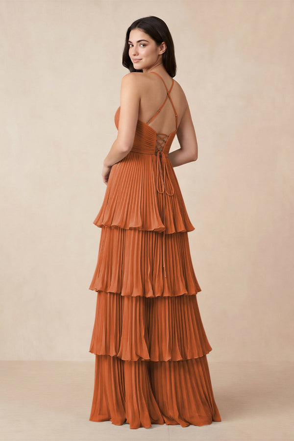 Tiered Pleated V - Neck A - Line Chiffon Bridesmaid Dress in Terracotta - KissProm Bridesmaid Dresses