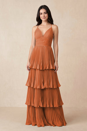 Tiered Pleated V - Neck A - Line Chiffon Bridesmaid Dress in Terracotta - KissProm Bridesmaid Dresses