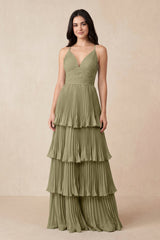 Tiered Pleated V - Neck A - Line Chiffon Bridesmaid Dress in Thyme - KissProm Bridesmaid Dresses