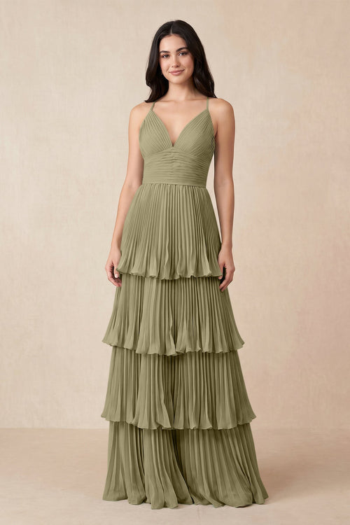 Tiered Pleated V - Neck A - Line Chiffon Bridesmaid Dress in Thyme - KissProm Bridesmaid Dresses