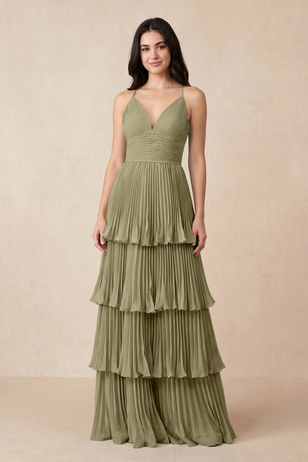 Tiered Pleated V - Neck A - Line Chiffon Bridesmaid Dress in Thyme - KissProm Bridesmaid Dresses