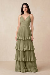 Tiered Pleated V - Neck A - Line Chiffon Bridesmaid Dress in Thyme - KissProm Bridesmaid Dresses