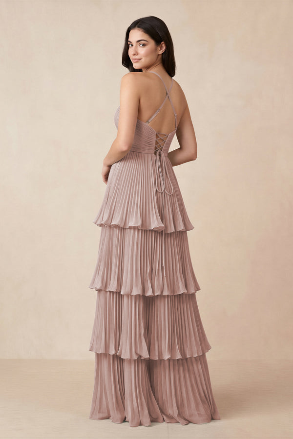 Tiered Pleated V - Neck A - Line Chiffon Bridesmaid Dress in Toffee - KissProm Bridesmaid Dresses