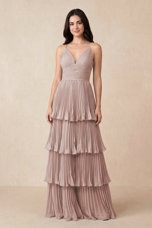 Tiered Pleated V - Neck A - Line Chiffon Bridesmaid Dress in Toffee - KissProm Bridesmaid Dresses