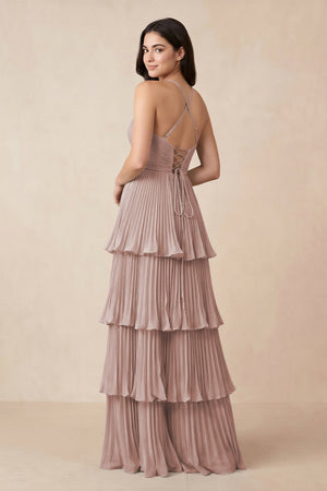 Tiered Pleated V - Neck A - Line Chiffon Bridesmaid Dress in Toffee - KissProm Bridesmaid Dresses