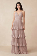 Tiered Pleated V - Neck A - Line Chiffon Bridesmaid Dress in Toffee - KissProm Bridesmaid Dresses