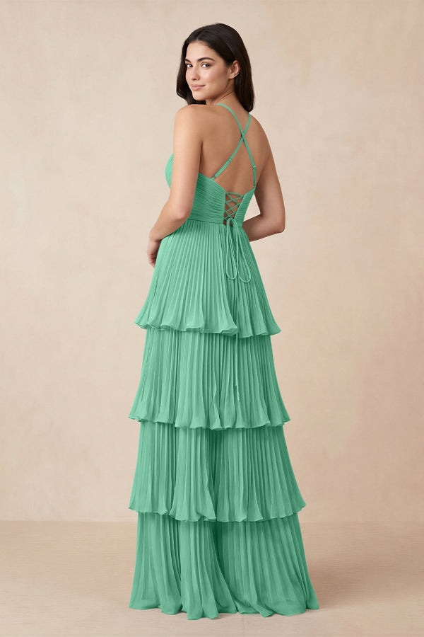 Tiered Pleated V - Neck A - Line Chiffon Bridesmaid Dress in Turquoise - KissProm Bridesmaid Dresses