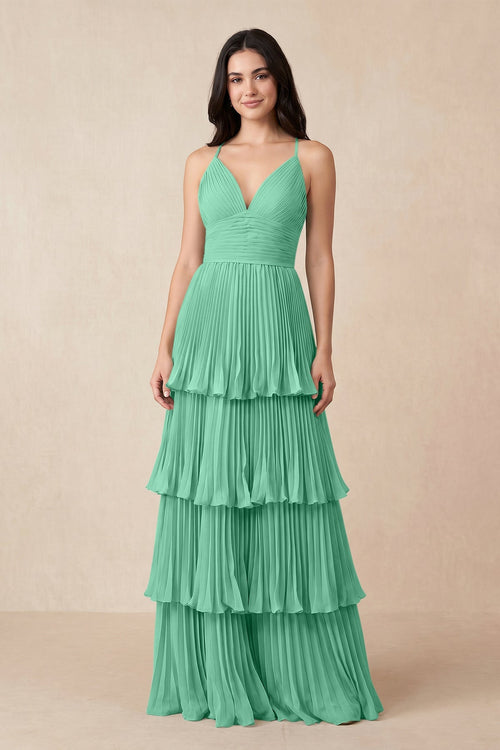 Tiered Pleated V - Neck A - Line Chiffon Bridesmaid Dress in Turquoise - KissProm Bridesmaid Dresses