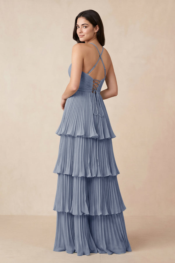 Tiered Pleated V - Neck A - Line Chiffon Bridesmaid Dress in Twilight - KissProm Bridesmaid Dresses